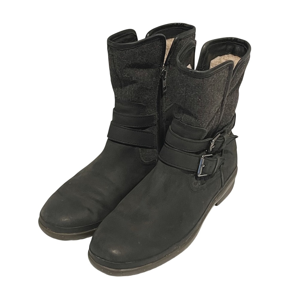 UGG Simmens Waterproof Boot Womens 8.5 Black Leather Wool Moto Buckle 1005285